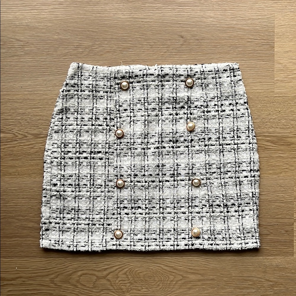 Chic Tweed Skirt with Pearl Accents - Black and White